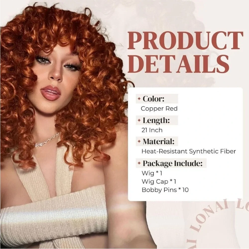 Copper Red Curly Wig Long Curly Wig with Bangs for Women NEW